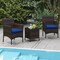 Rattan 3 Piece Outdoor Conversation Set with Cushioned Seats and Glass Table